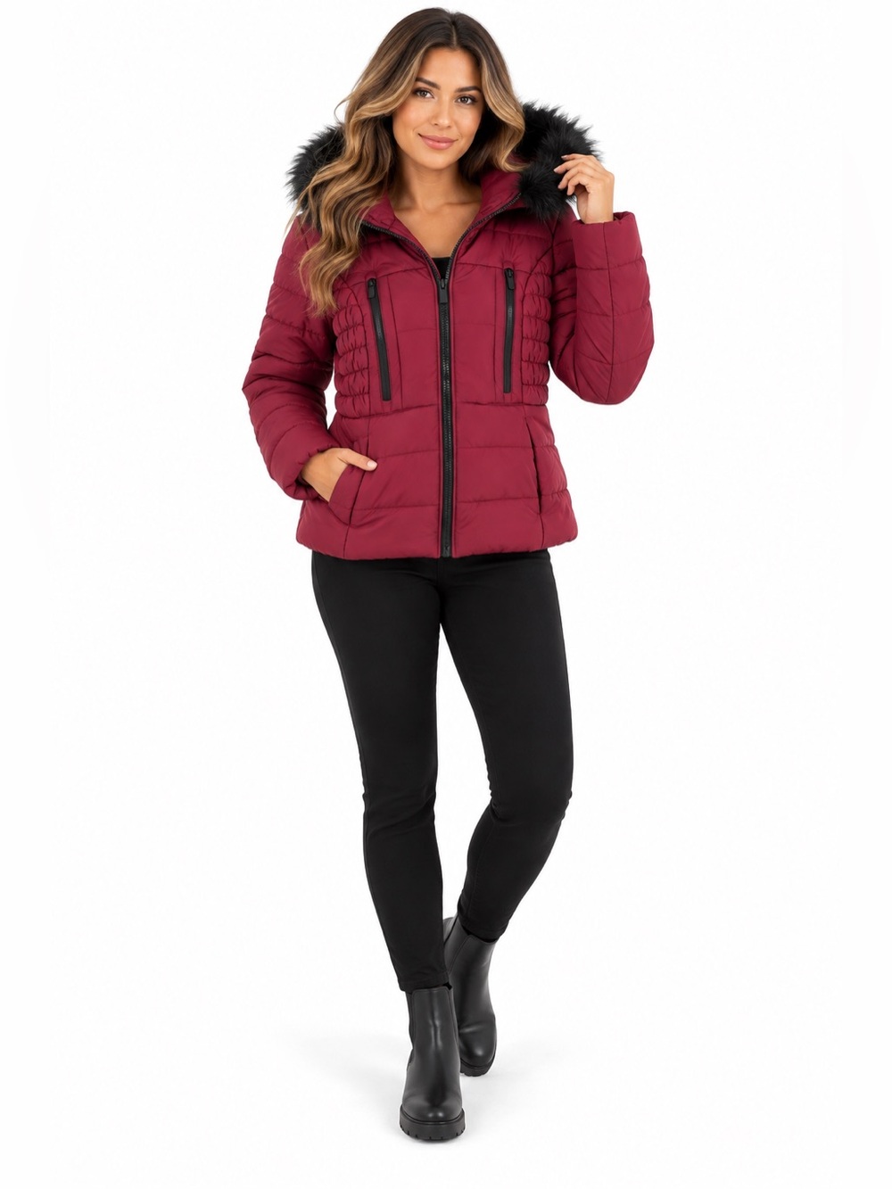 Celebrity Pink Women’s Medium Burgundy Puffer Jacket Faux Fur Hood